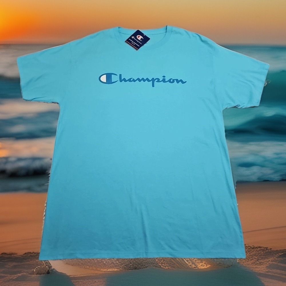 Champion Men's Short Sleeve Tee Authentic Athleticwear Blue Size L Spellout NEW